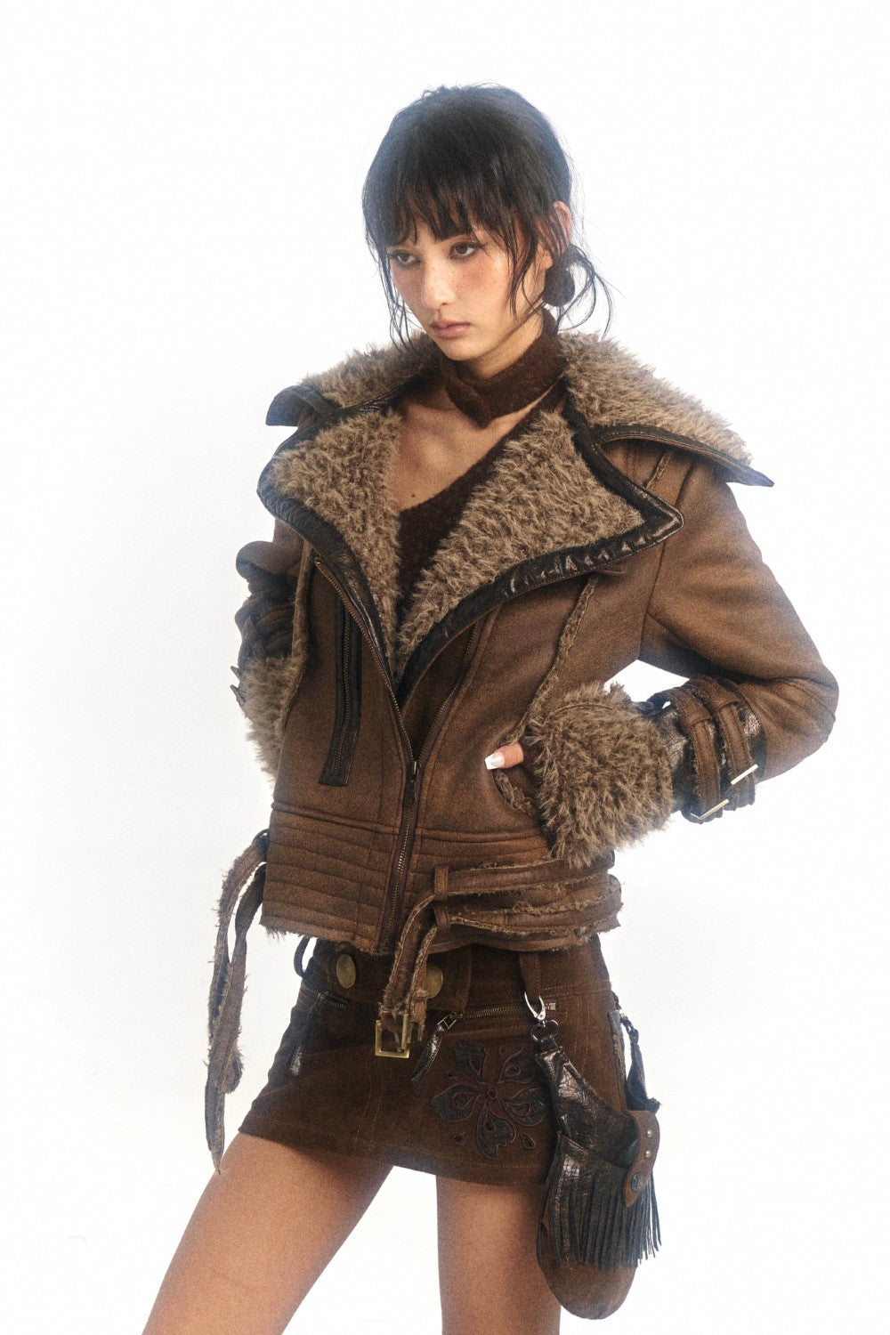 Brown Shearling Moto Leather Jacket