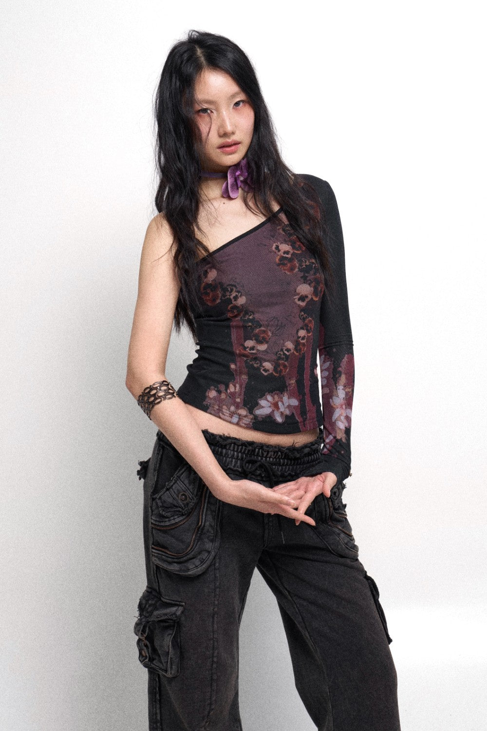 Gothic Floral One Shoulder Top