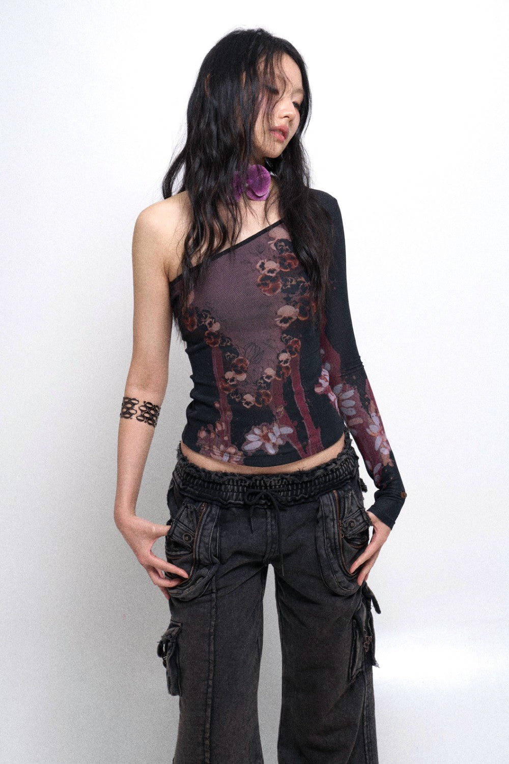 Gothic Floral One Shoulder Top