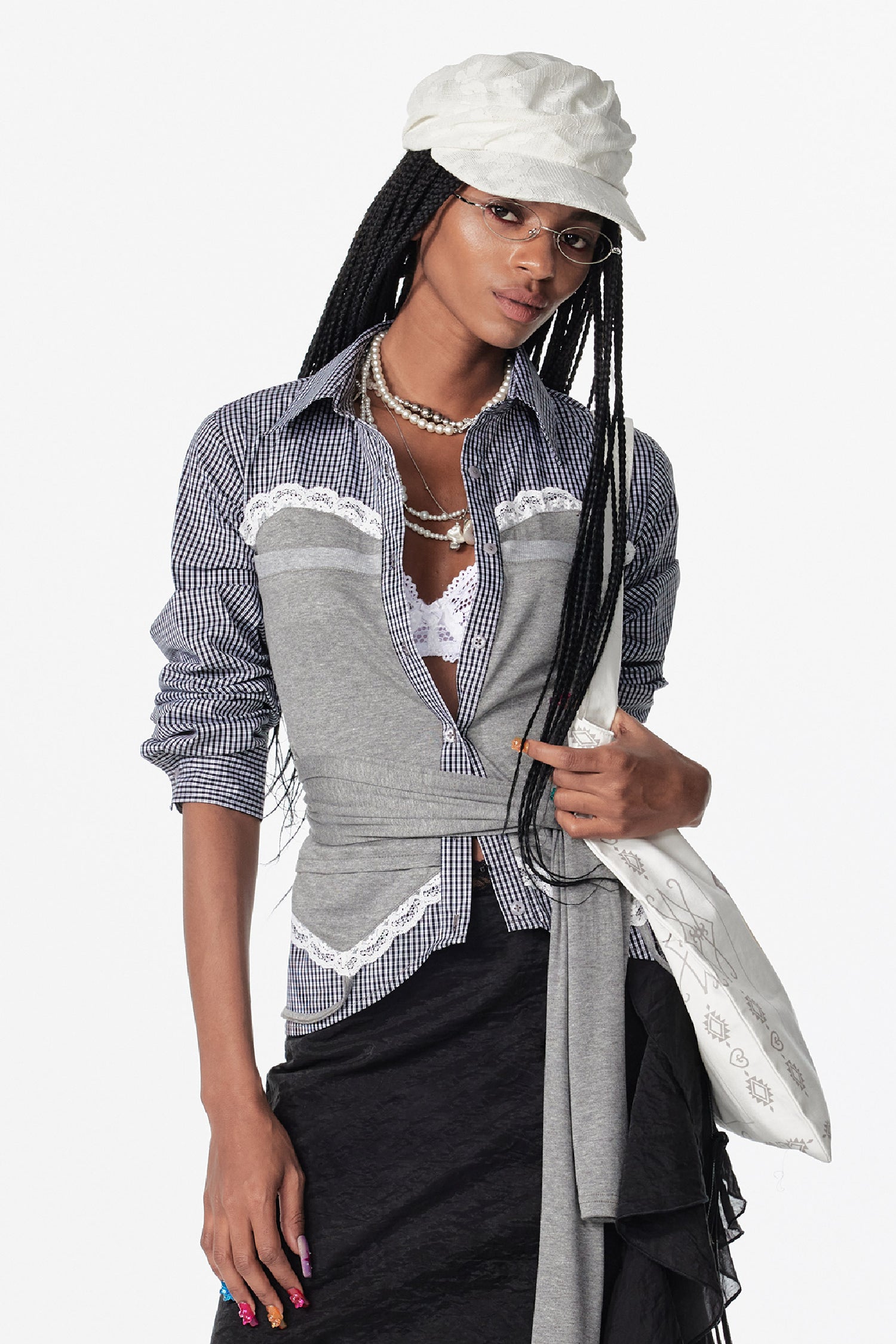 Gingham Lace Wrap Corset Blouse