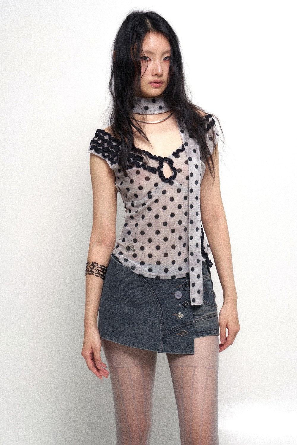 Polka Dot Top with Ruffle Trim