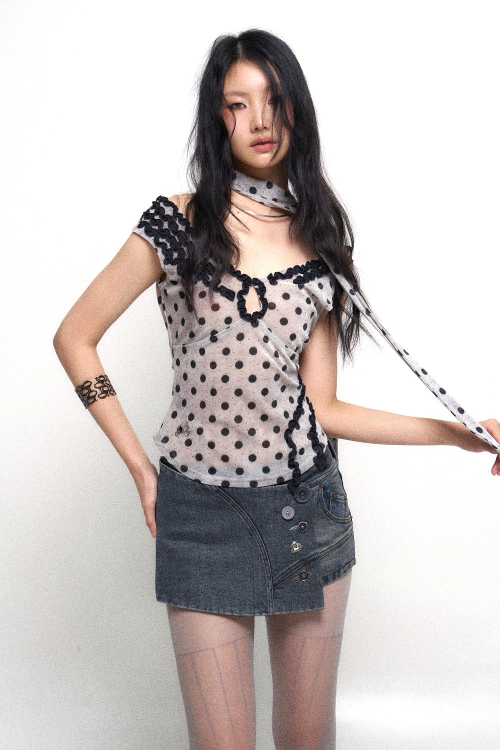 Polka Dot Top with Ruffle Trim