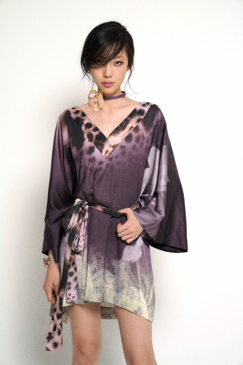 Silk Tie-Dye Kimono Wrap Dress with Bell Sleeves