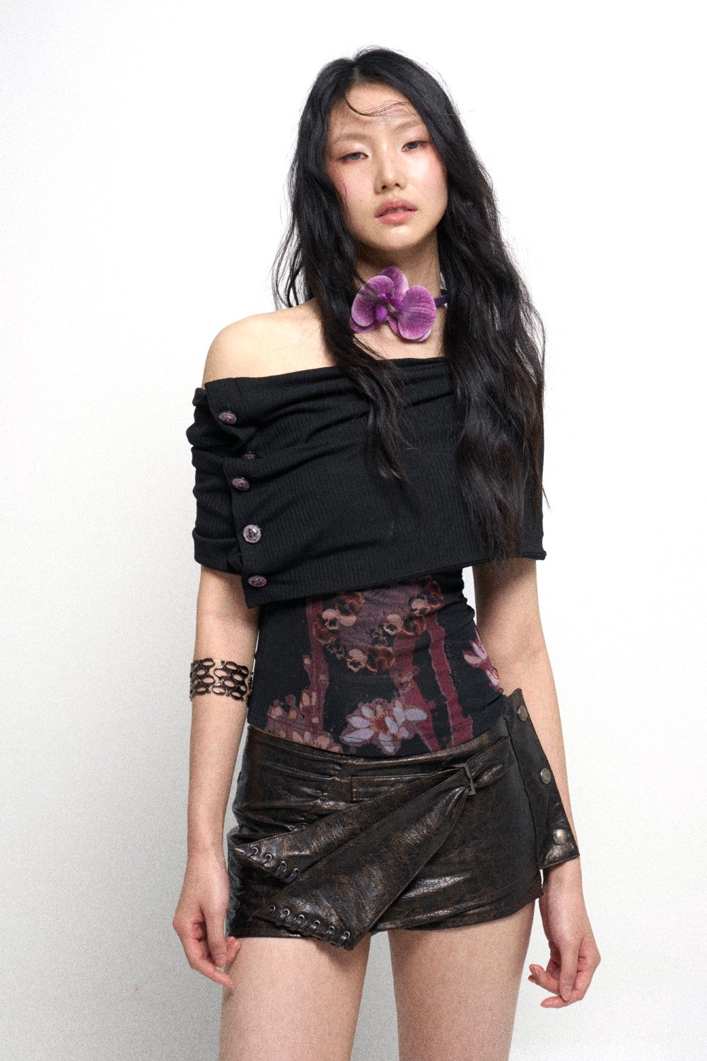Purple Floral One-Shoulder Top