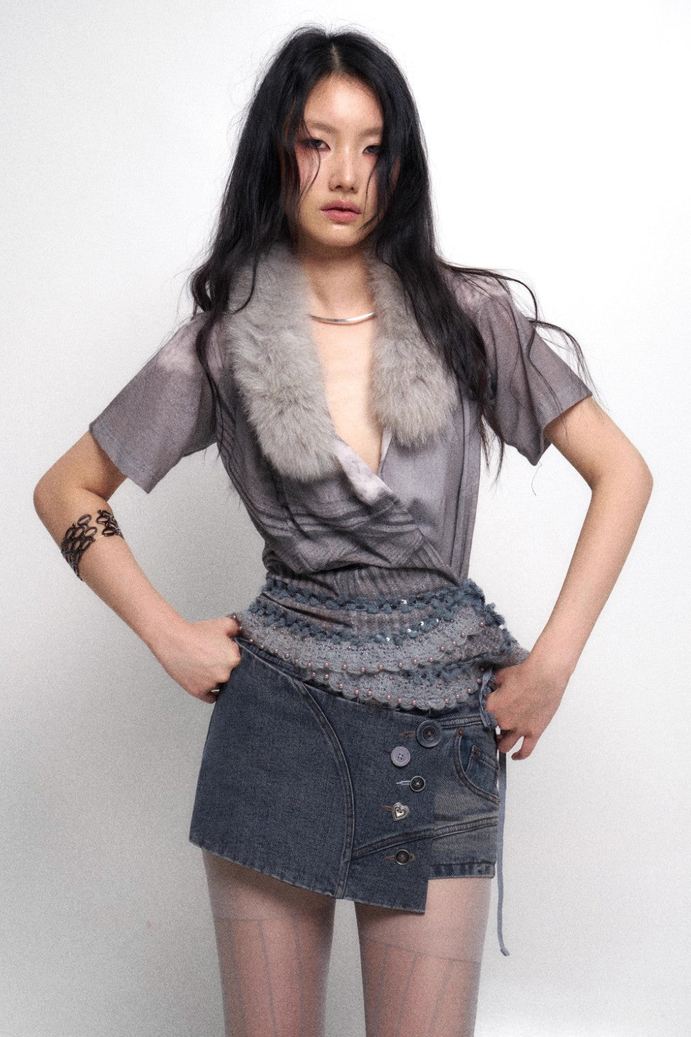 Silver Velvet Wrap Blouse