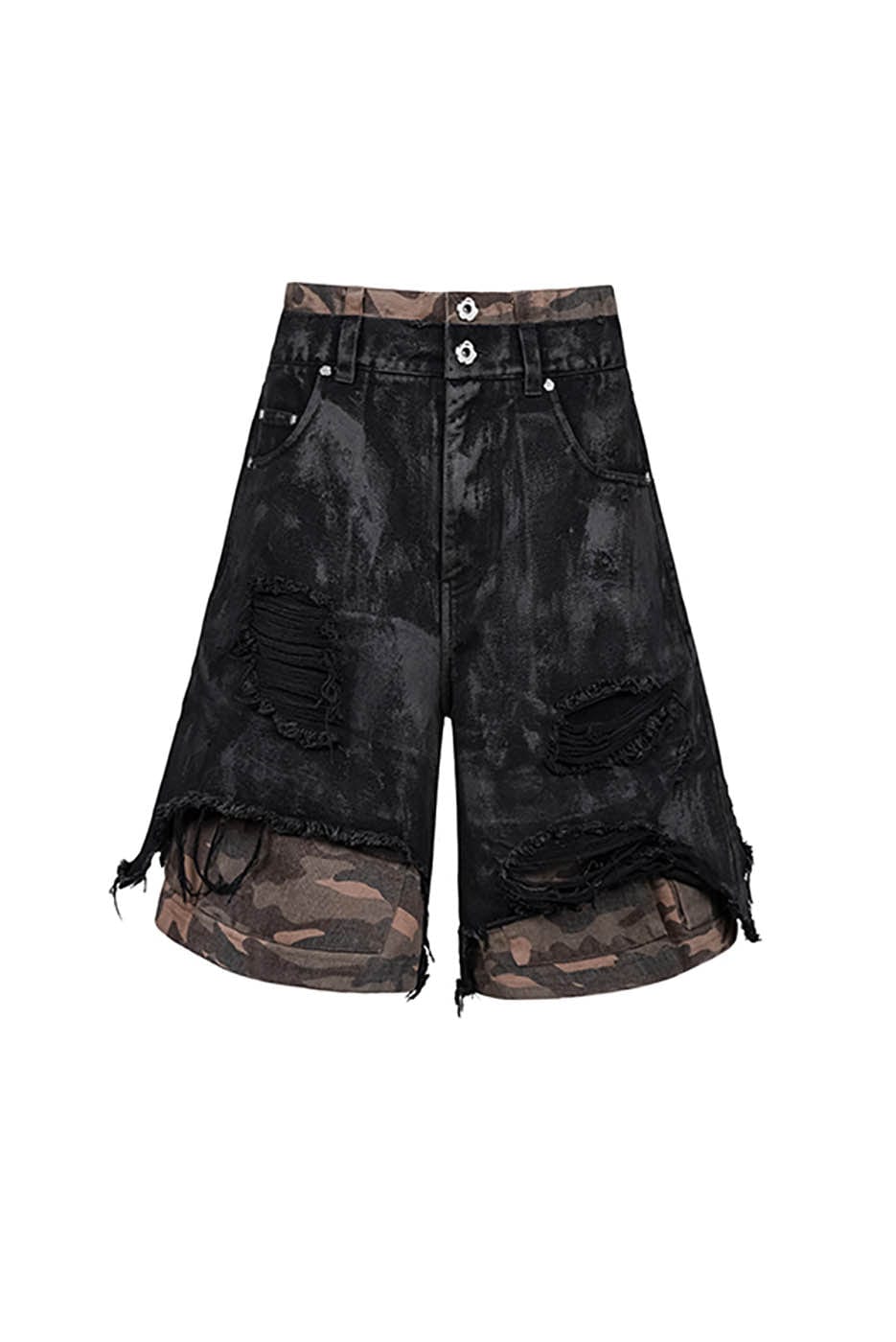 Layered Distressed Black Camo Shorts