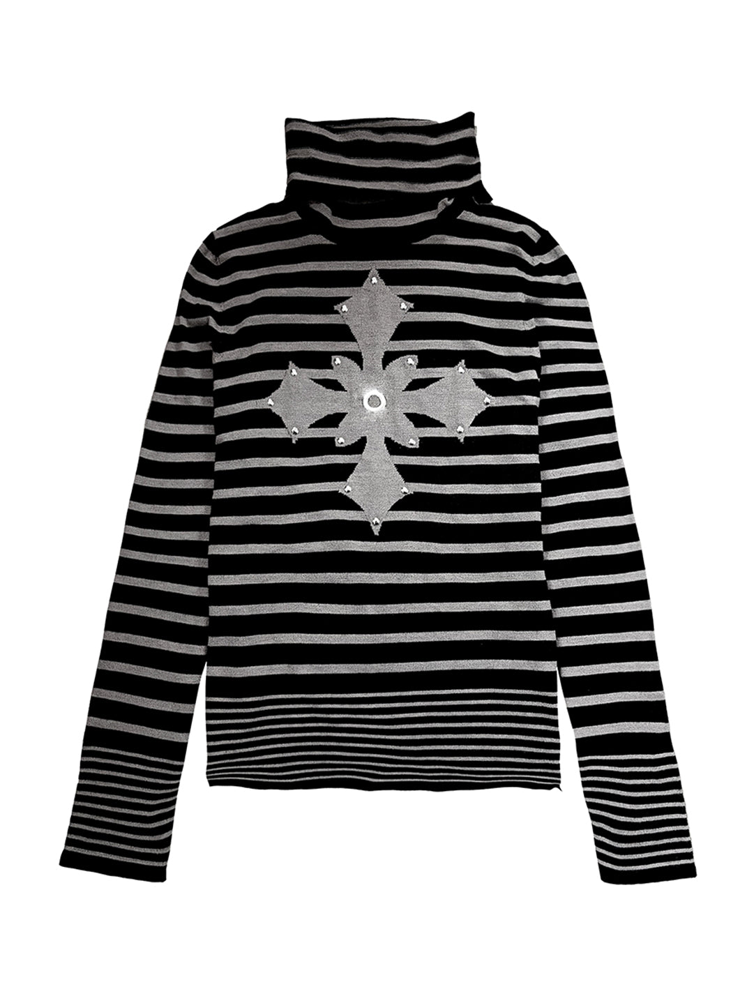 Studded Cross Striped Turtleneck Sweater
