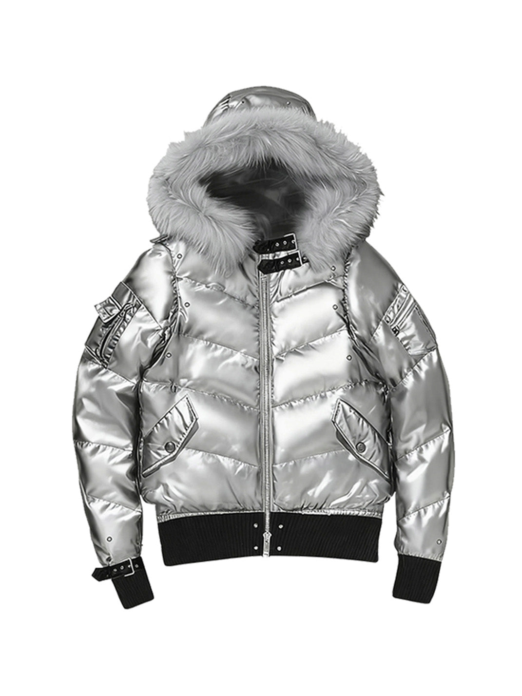 Metallic Faux-Fur Hooded Down Jacket