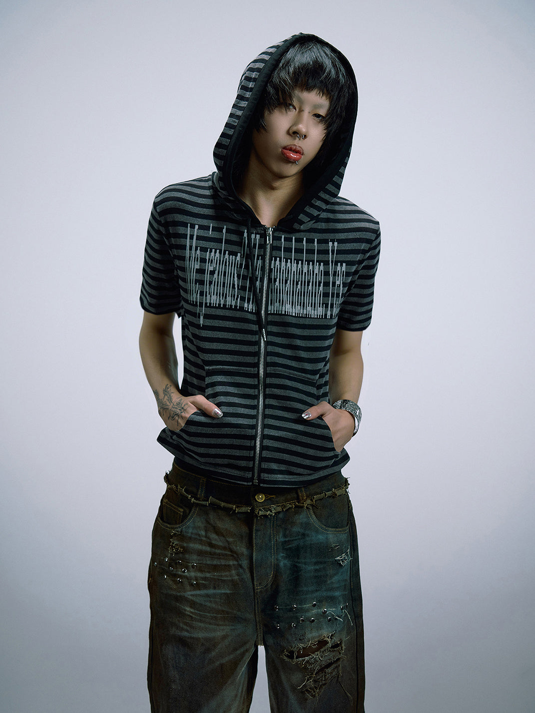 Striped Short-Sleeve Hooded T-Shirt - View 2