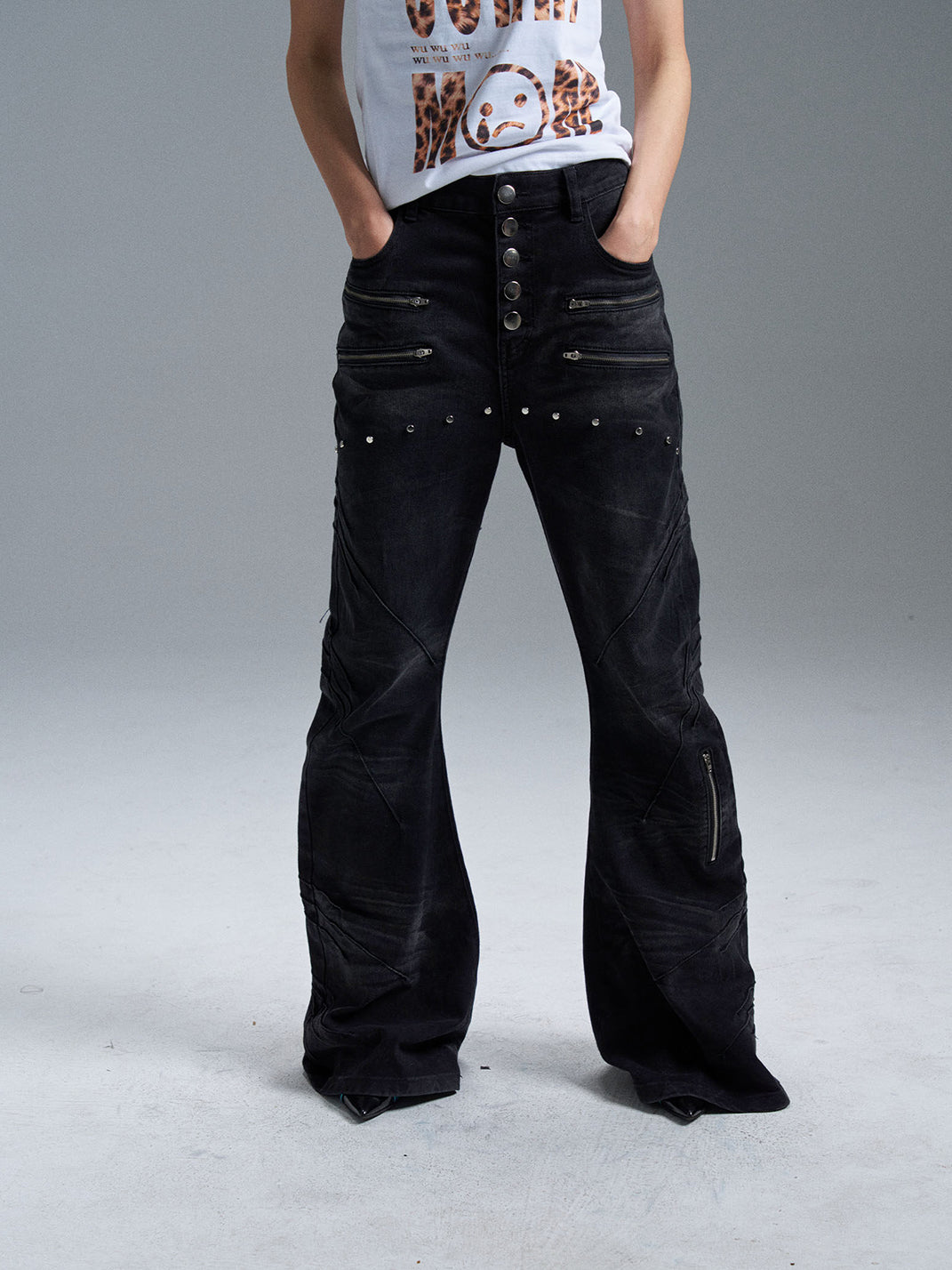 Curved-Blade Washed Denim Jeans - View 6