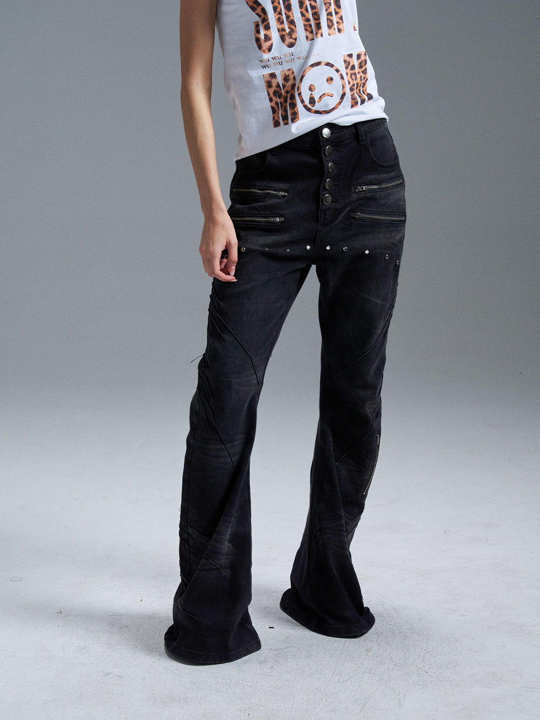 Curved-Blade Washed Denim Jeans - View 9