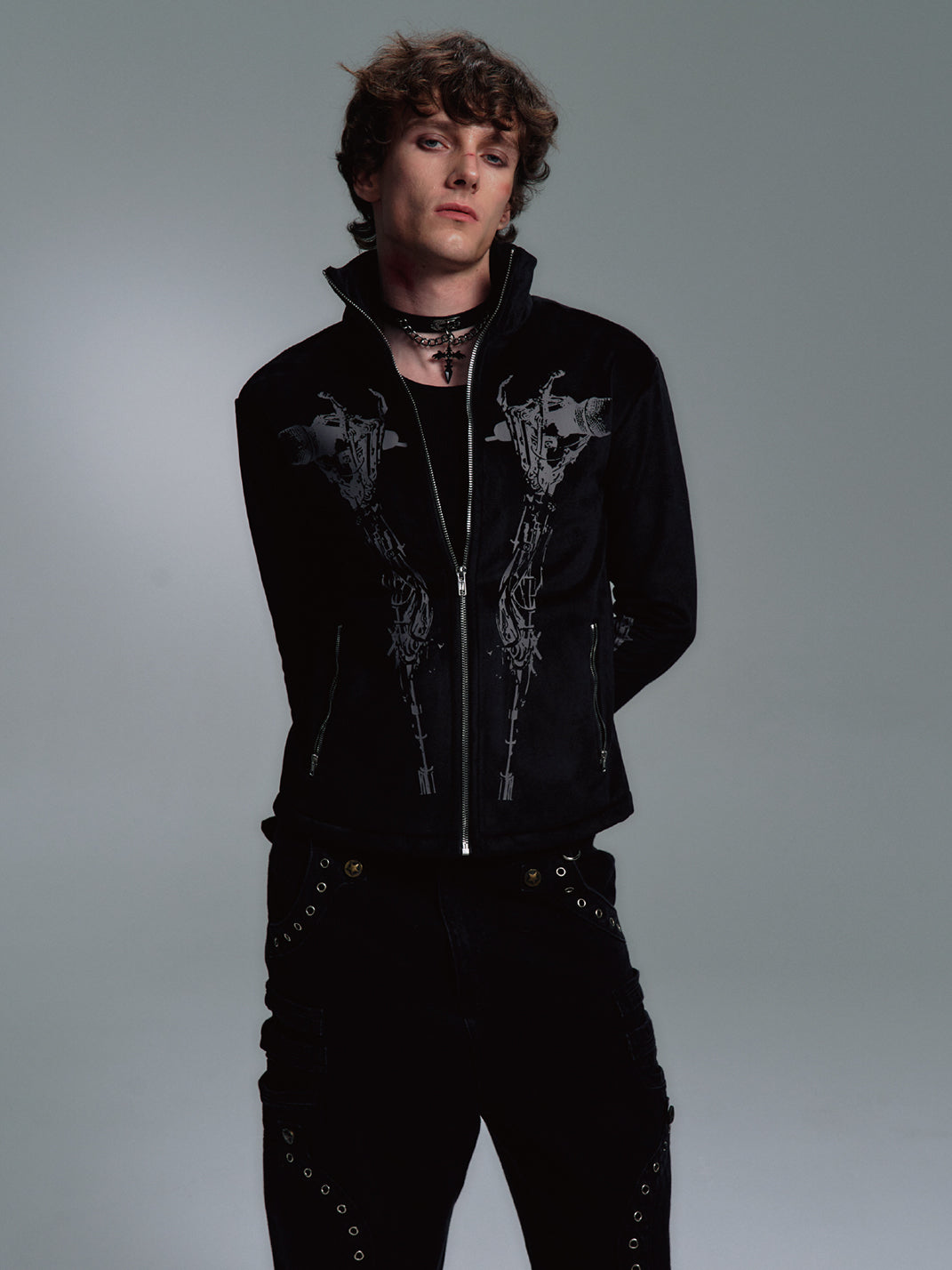 Skull Singer Music-Note Velvet Zip Jacket - View 3