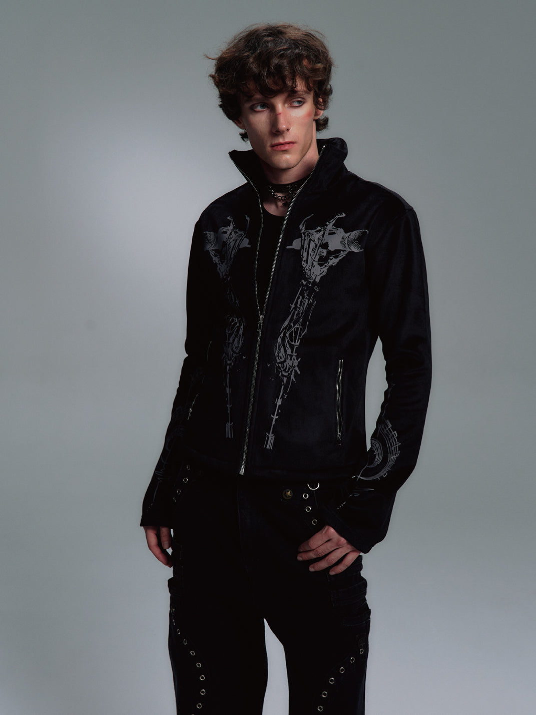 Skull Singer Music-Note Velvet Zip Jacket - View 5