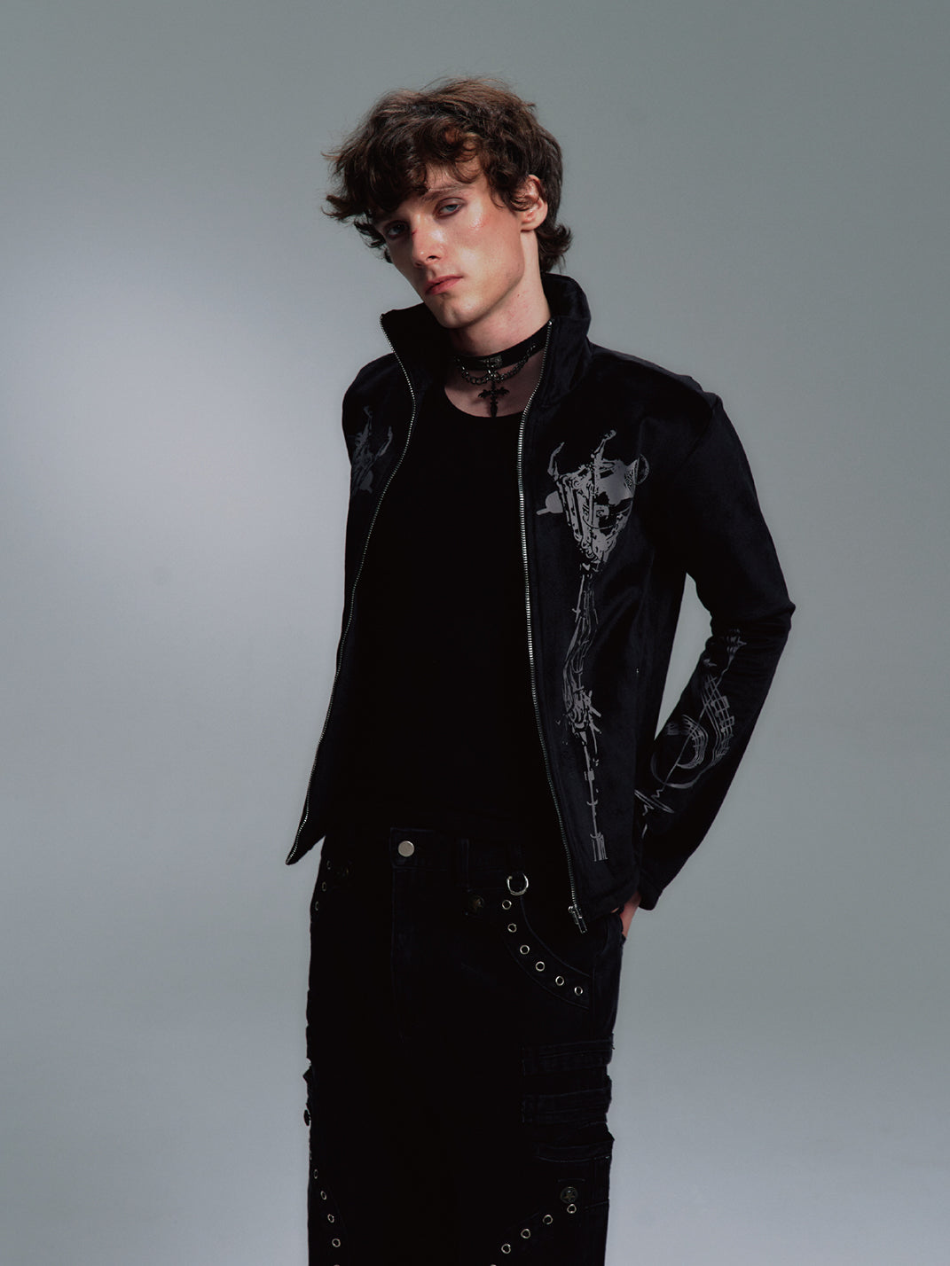 Skull Singer Music-Note Velvet Zip Jacket - View 7