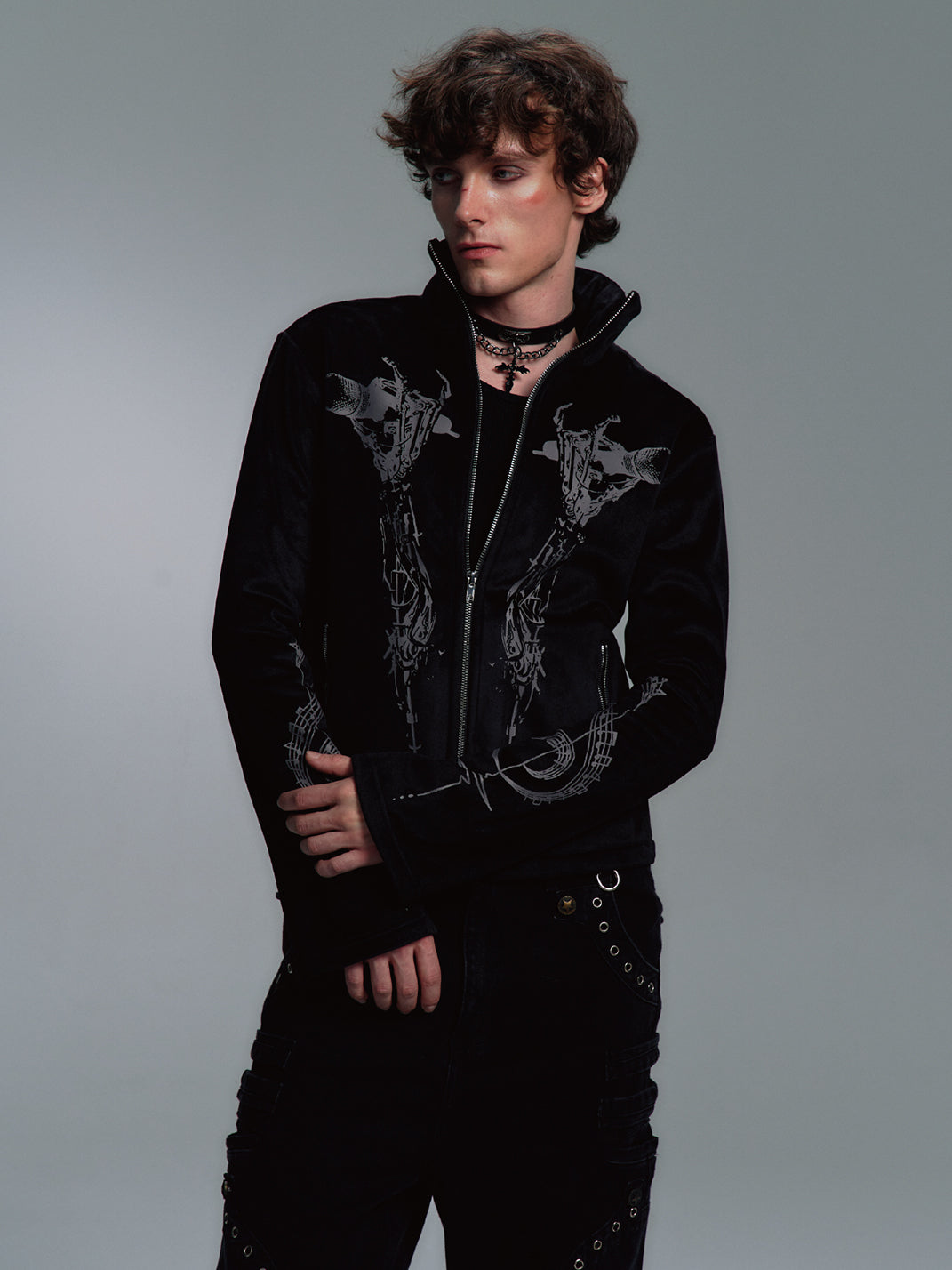 Skull Singer Music-Note Velvet Zip Jacket - View 8