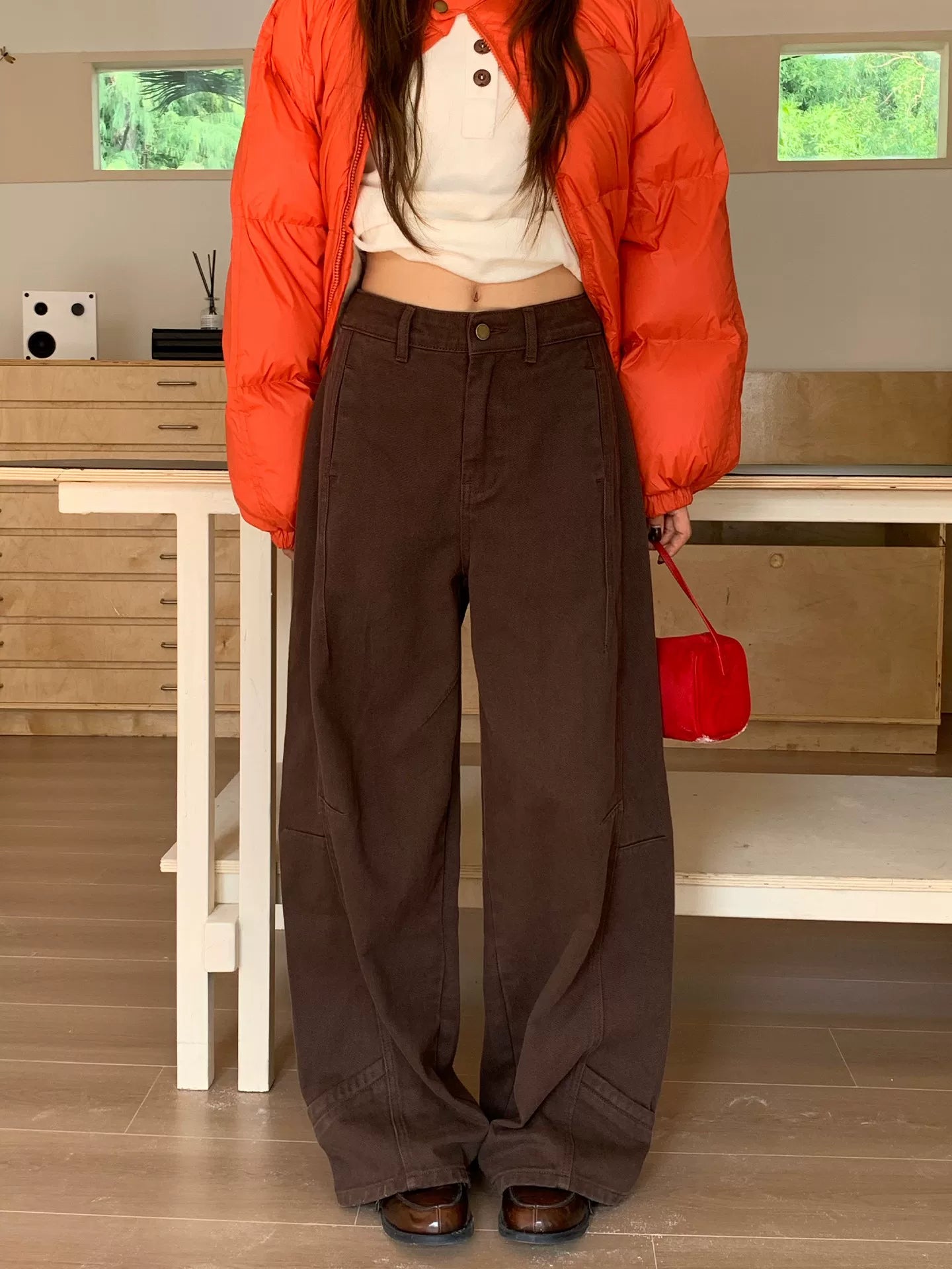 Coffee panel-seam wide-leg jeans front view