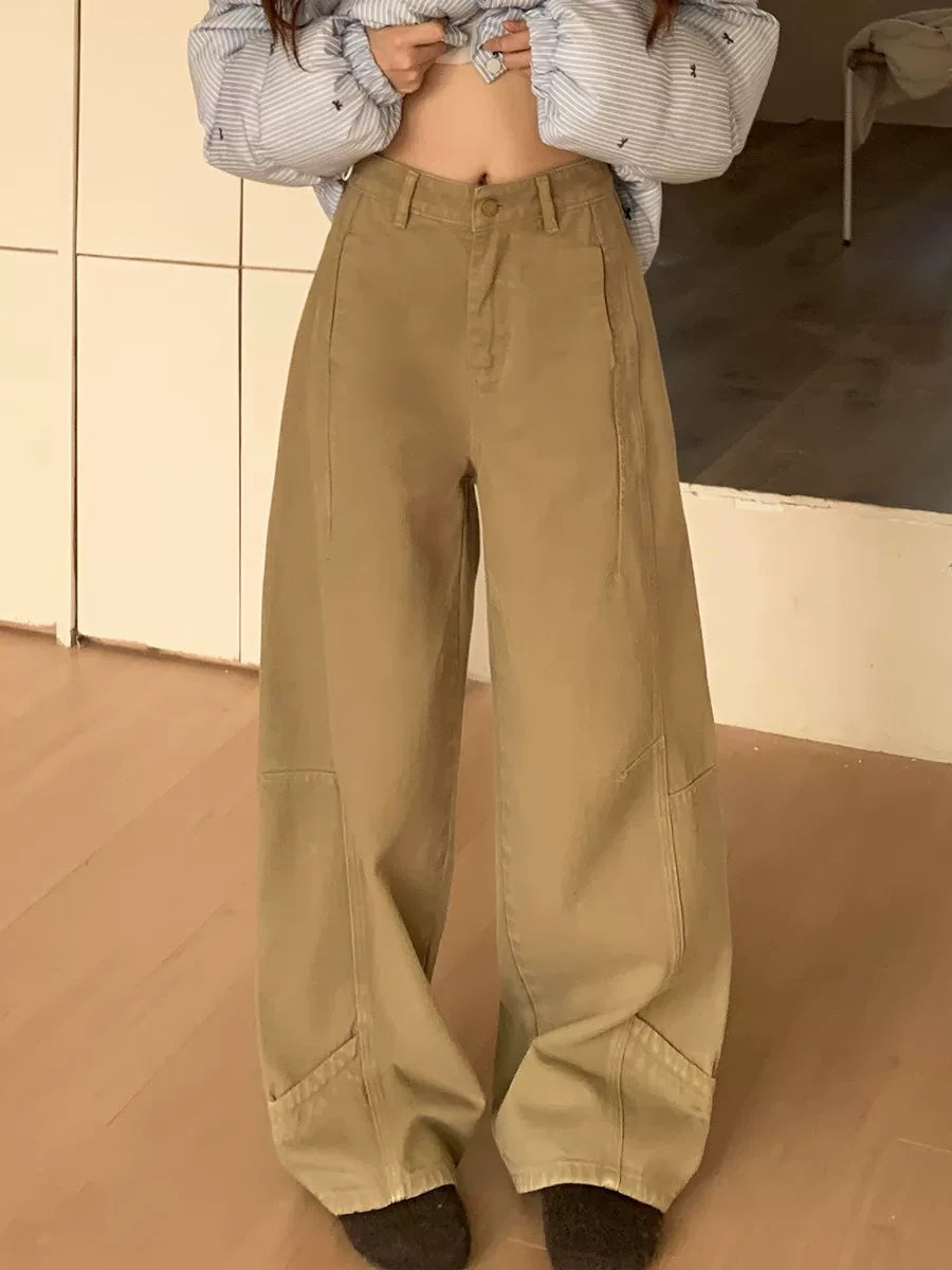 Khaki panel-seam wide-leg jeans front view