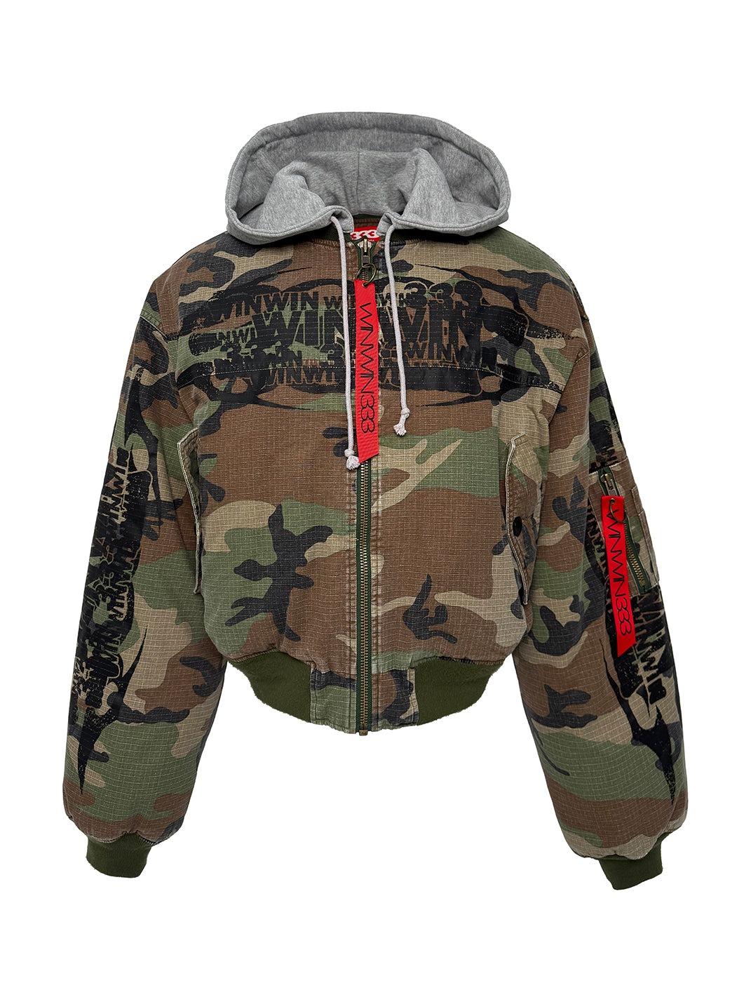 Distressed Camouflage Hooded Bomber Jacket