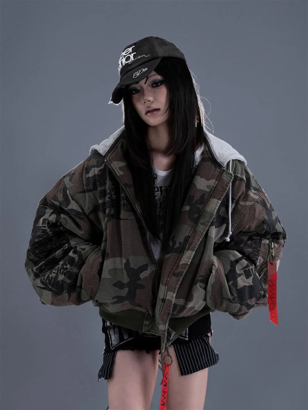 Distressed Camouflage Hooded Bomber Jacket - View 2