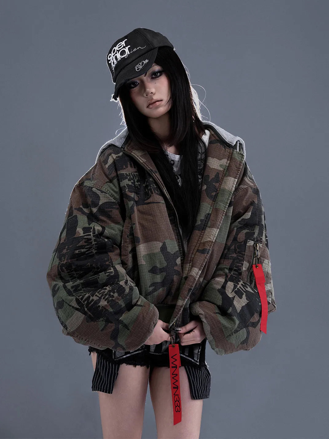 Distressed Camouflage Hooded Bomber Jacket - View 3