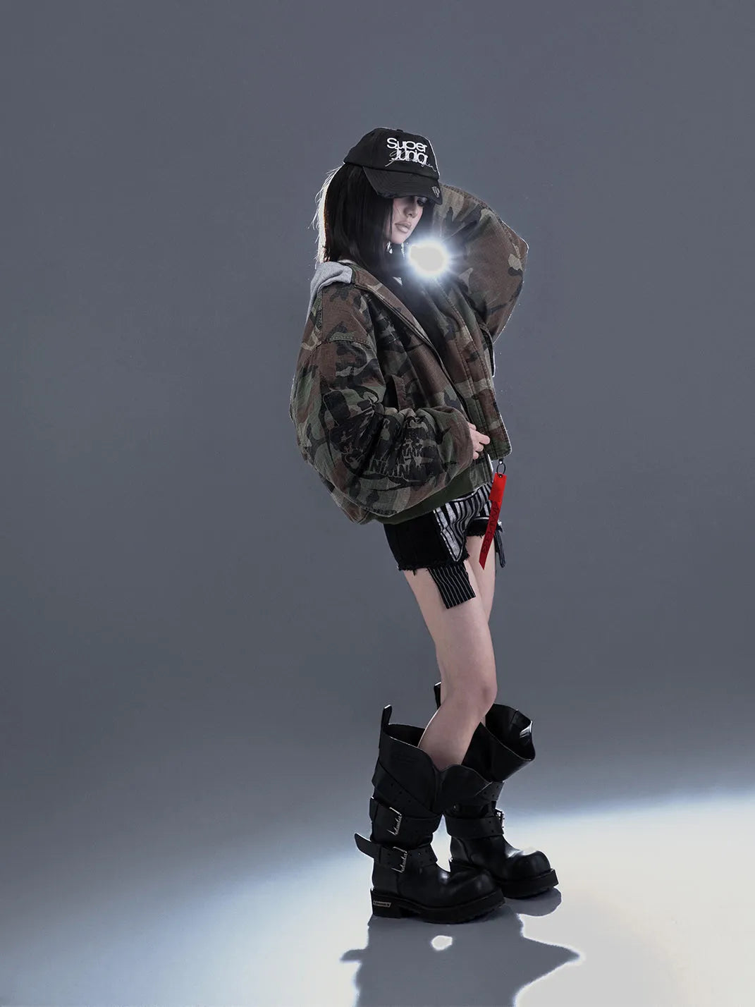 Distressed Camouflage Hooded Bomber Jacket - View 5