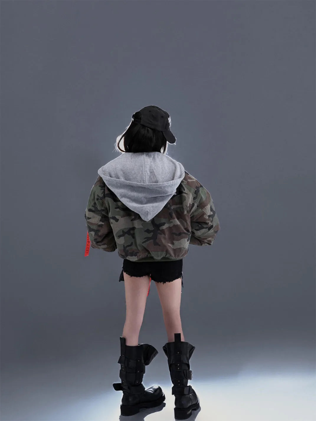 Distressed Camouflage Hooded Bomber Jacket - View 7