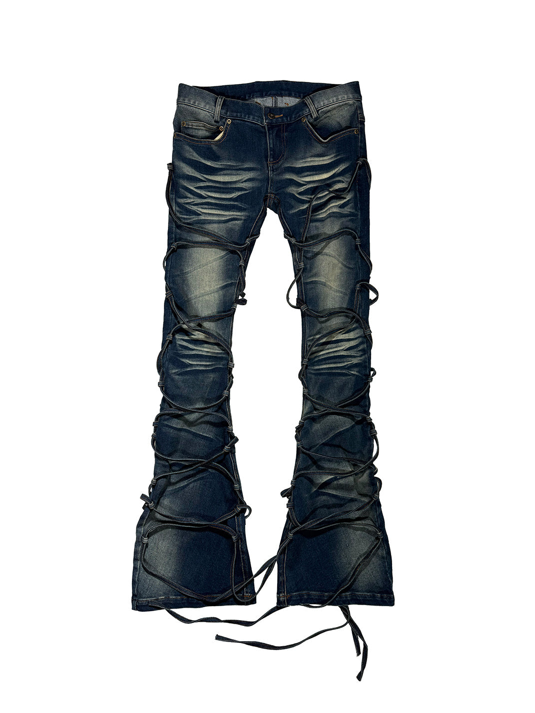 Lace-Up Two-Tone Distressed Flared Jeans