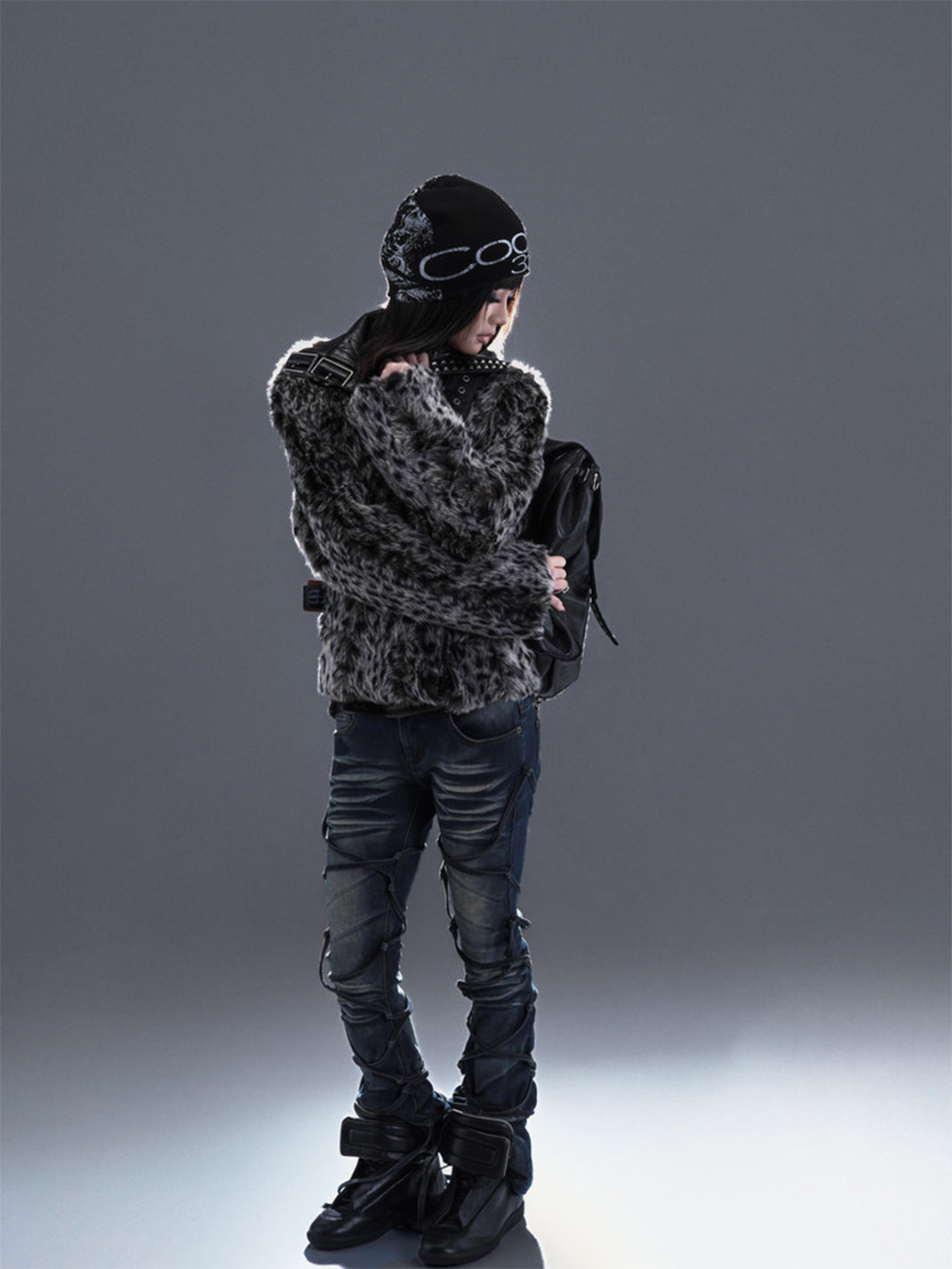Lace-Up Two-Tone Distressed Flared Jeans - View 5