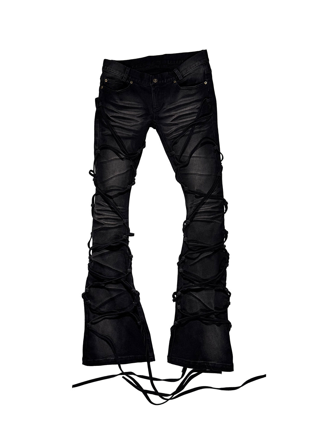 Lace-Up Two-Tone Distressed Flared Jeans - View 7
