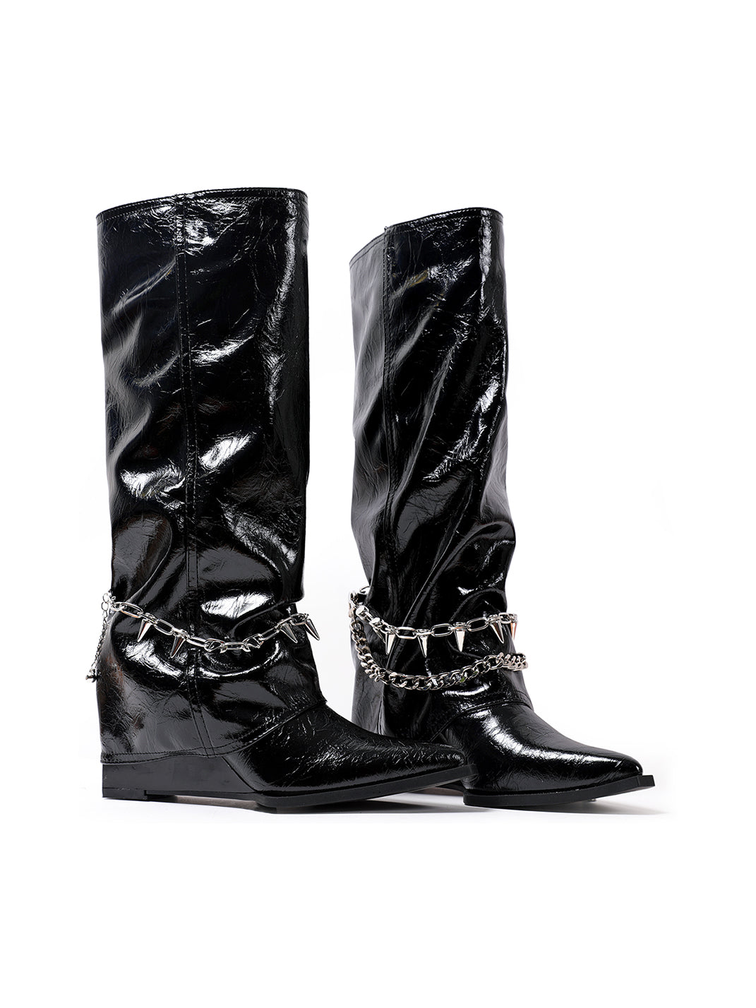 Spiked-Chain Patent Mid-Calf Boots - View 6
