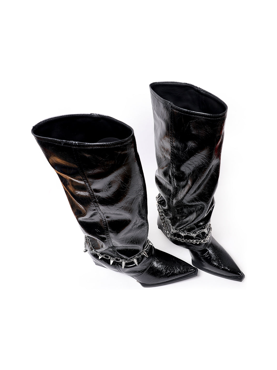Spiked-Chain Patent Mid-Calf Boots - View 9