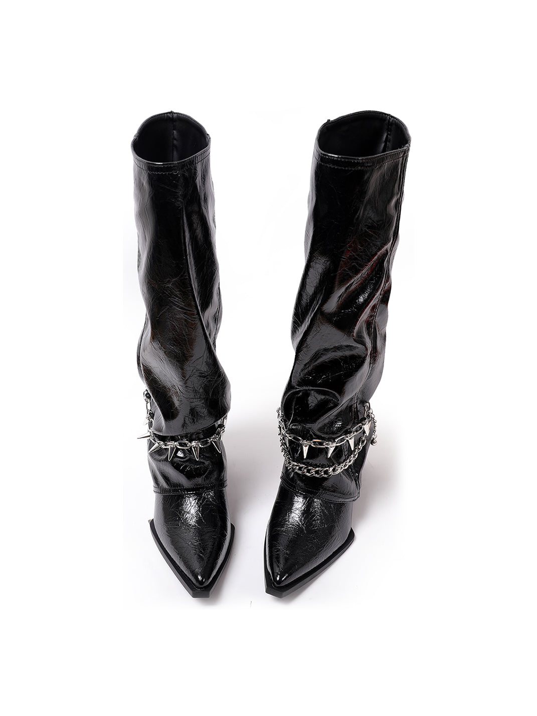 Spiked-Chain Patent Mid-Calf Boots - View 10