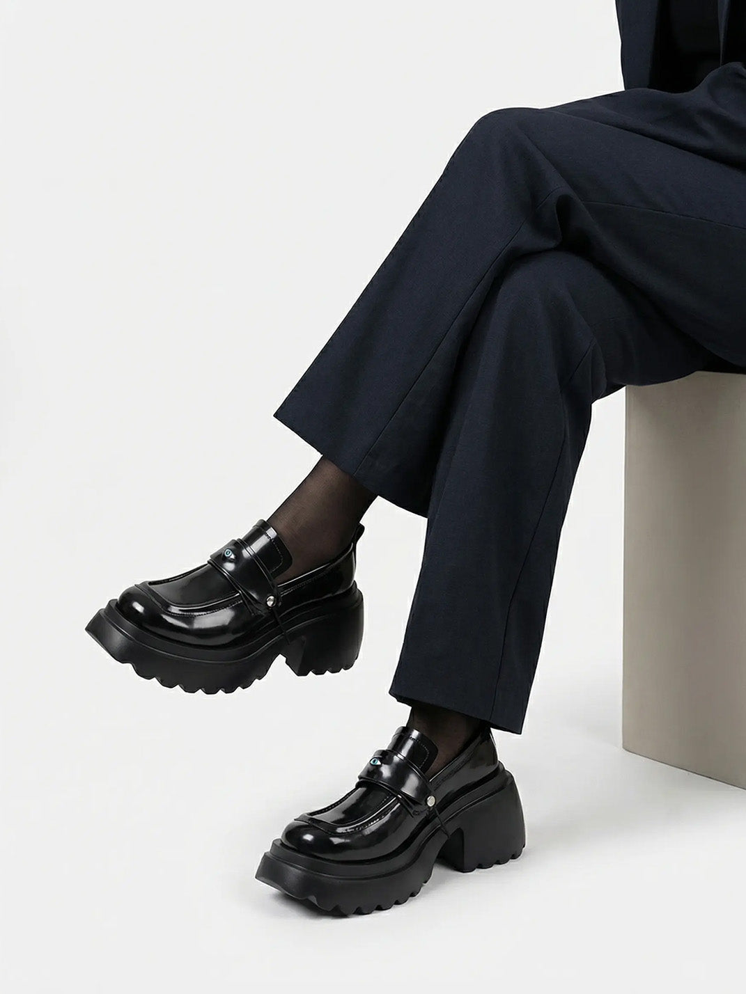 Black Ocular-Accent Lug-Sole Loafers - View 3