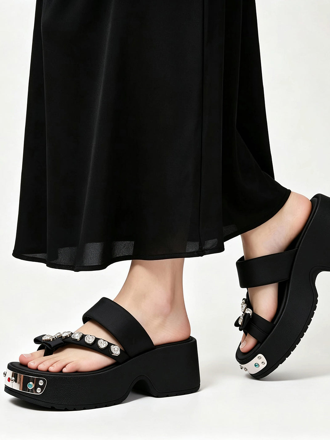 Black Crystal-Trim Toe-Post Platform Slides - View 2