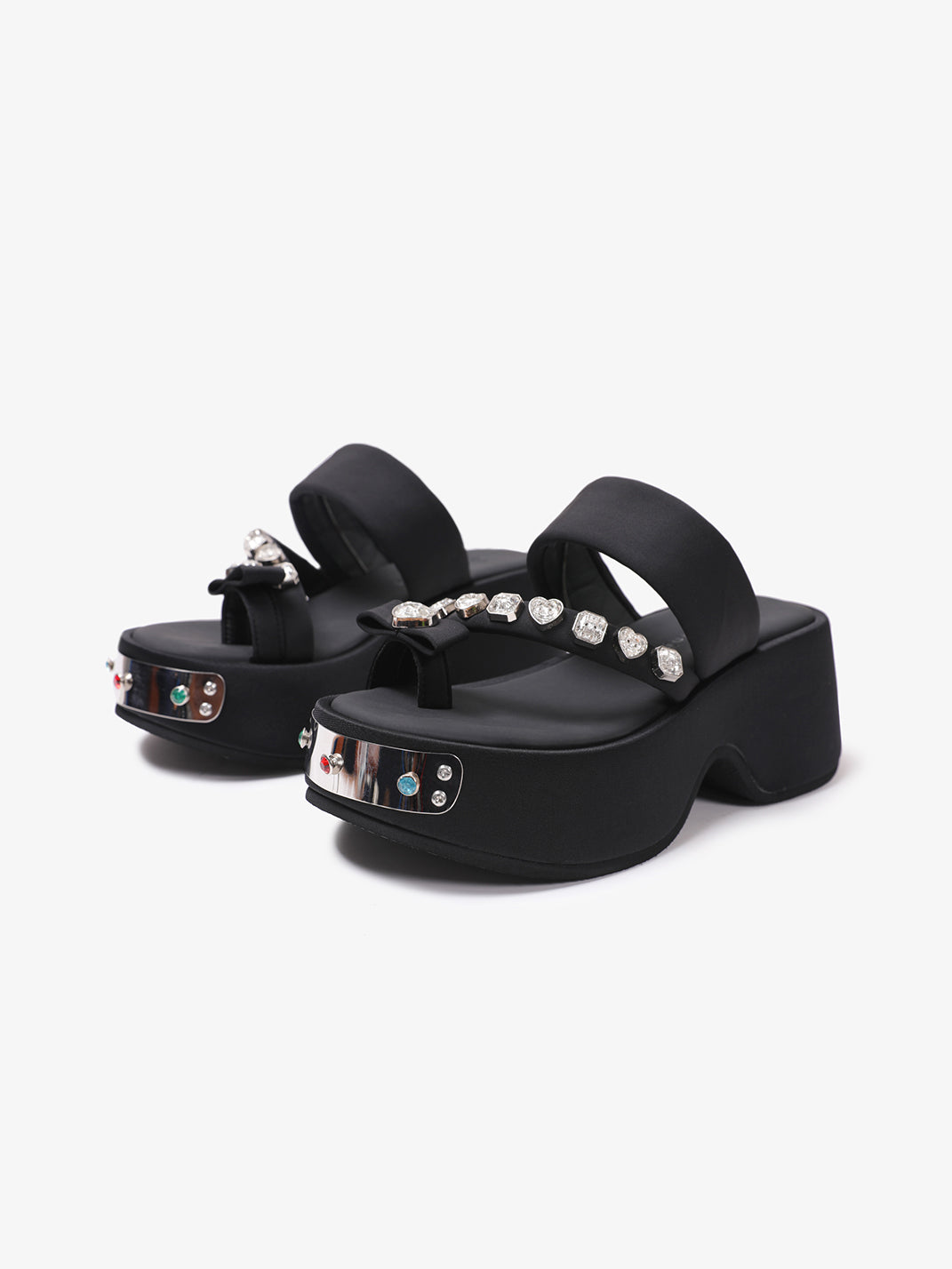 Black Crystal-Trim Toe-Post Platform Slides - View 5