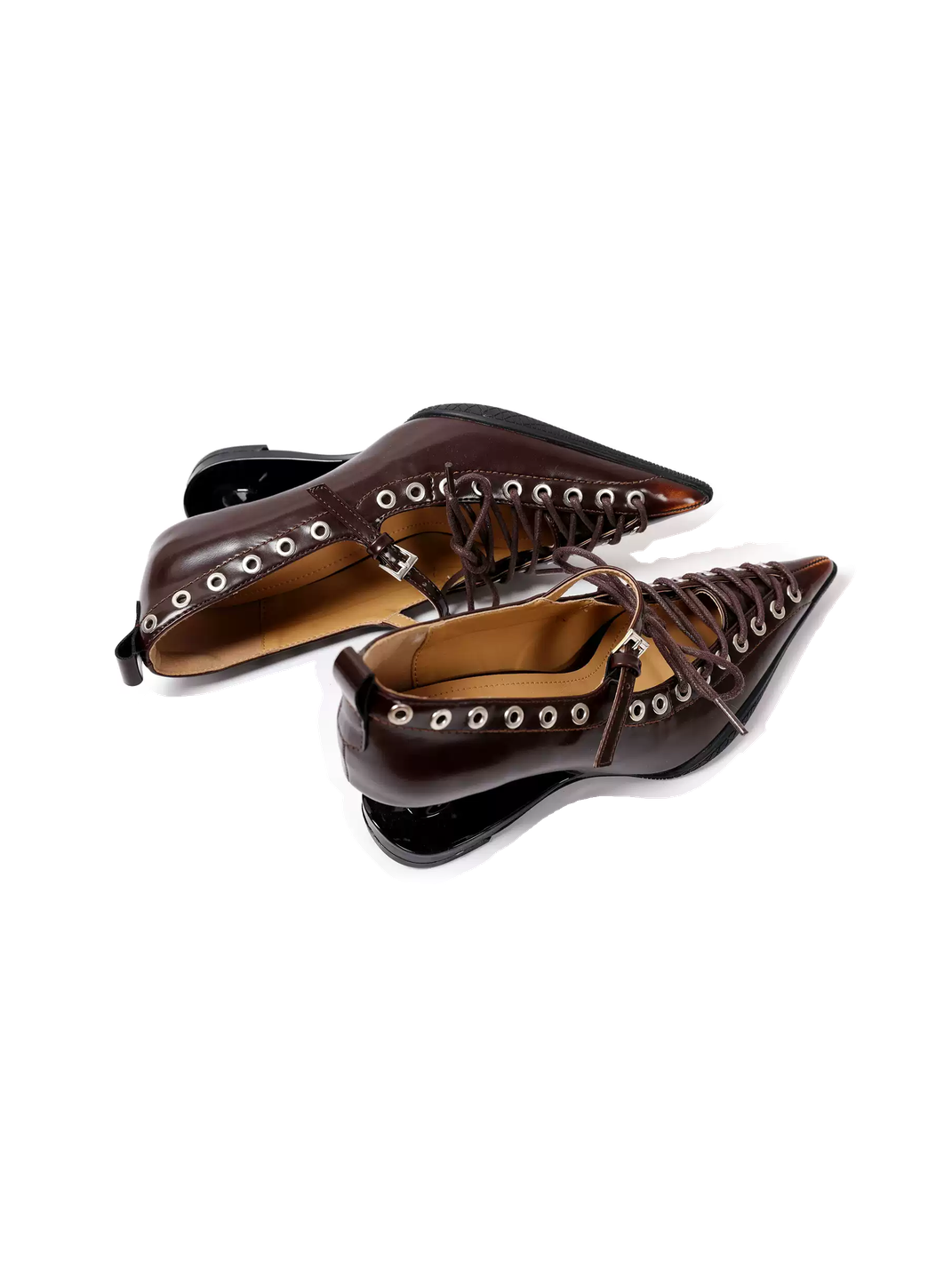 Brown Corset-Lace Pointed Sculpted-Heel Pumps - View 4