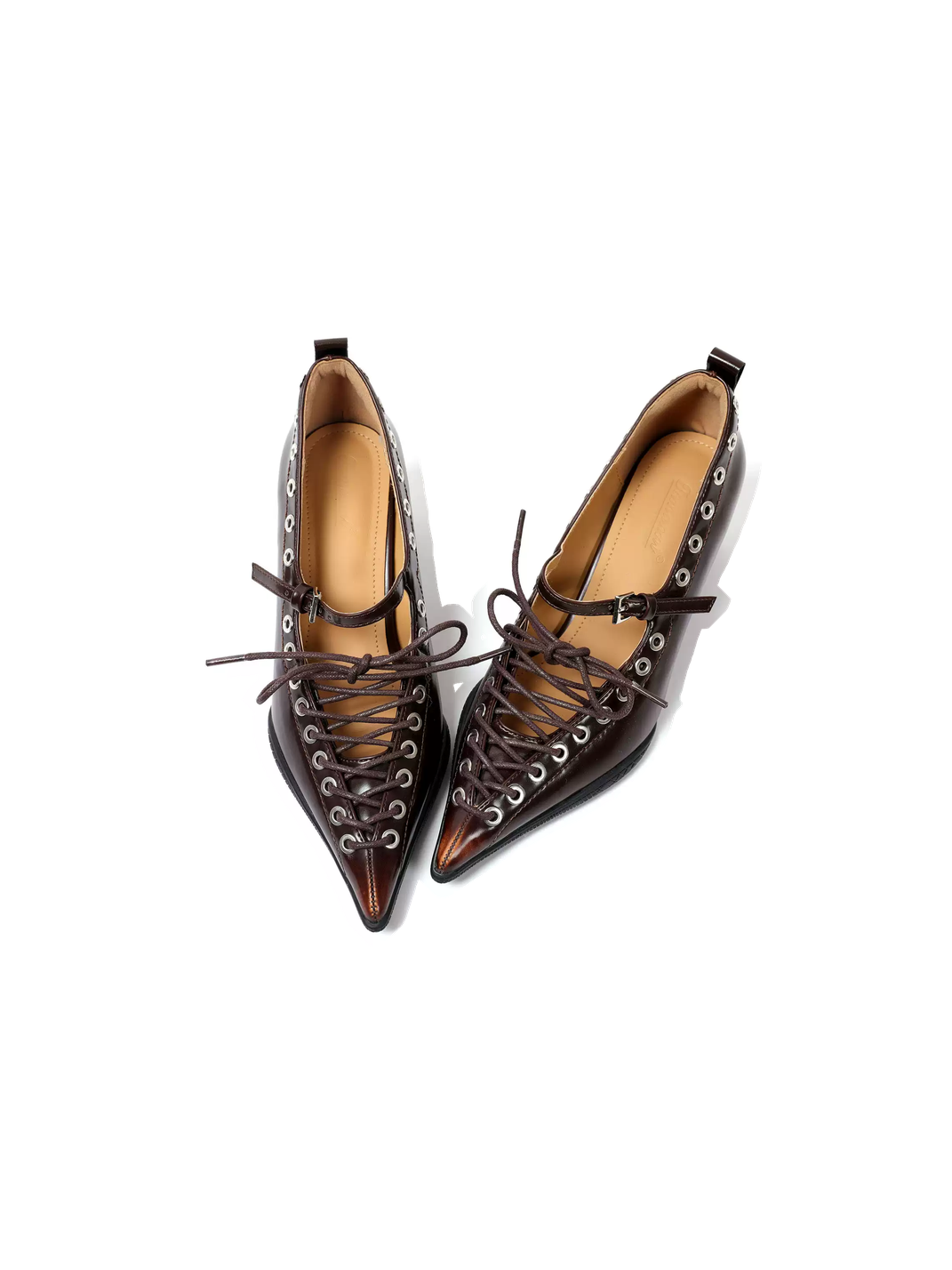 Brown Corset-Lace Pointed Sculpted-Heel Pumps - View 6