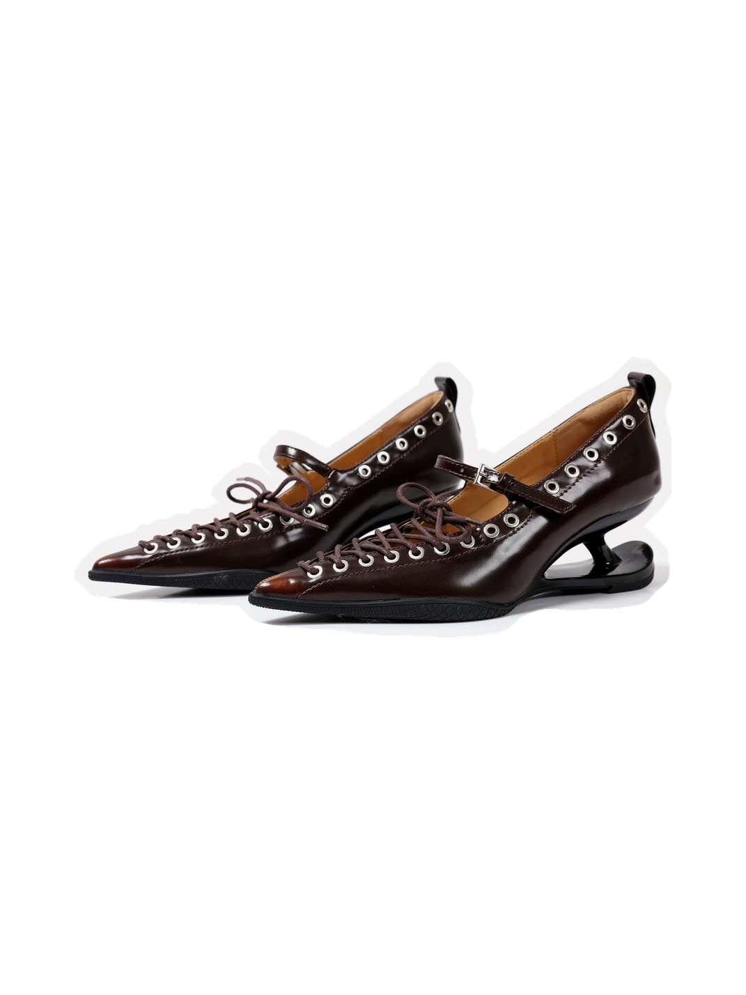 Brown Corset-Lace Pointed Sculpted-Heel Pumps - View 8