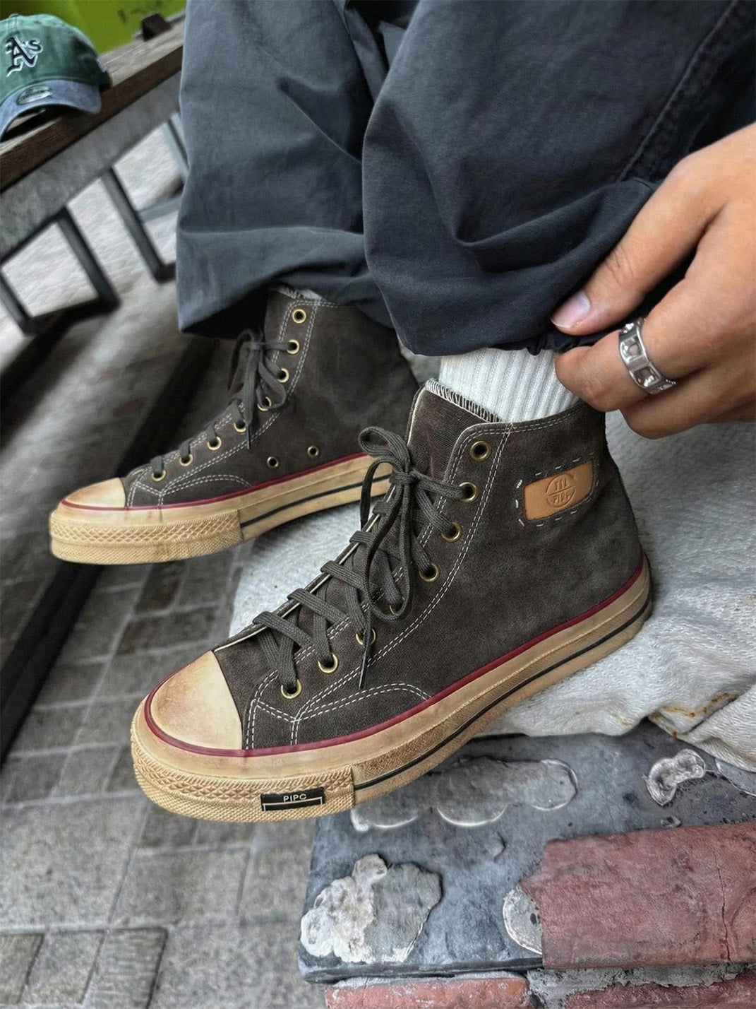 Cow-Suede Distressed High-Top Sneakers - View 2
