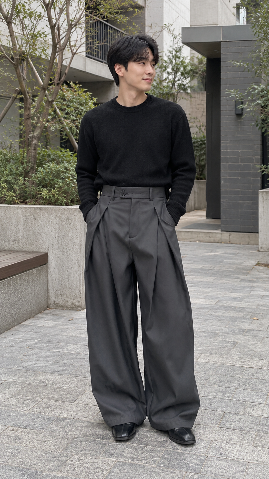 AI-styled look: Pleated Wide-Leg Draped Trousers — Courtyard outfit