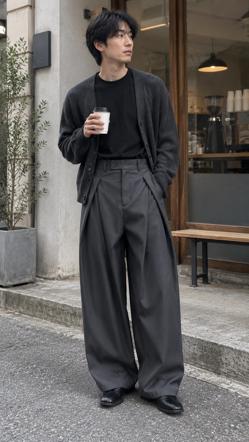 AI-styled look: Pleated Wide-Leg Draped Trousers — Coffee queue