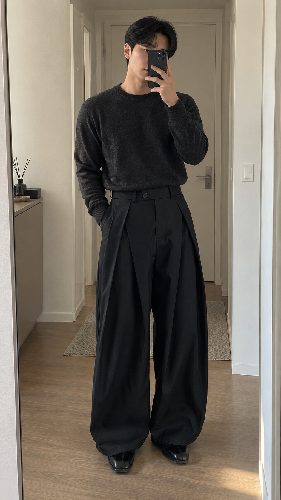 AI-styled look: Pleated Wide-Leg Draped Trousers — Hallway mirror
