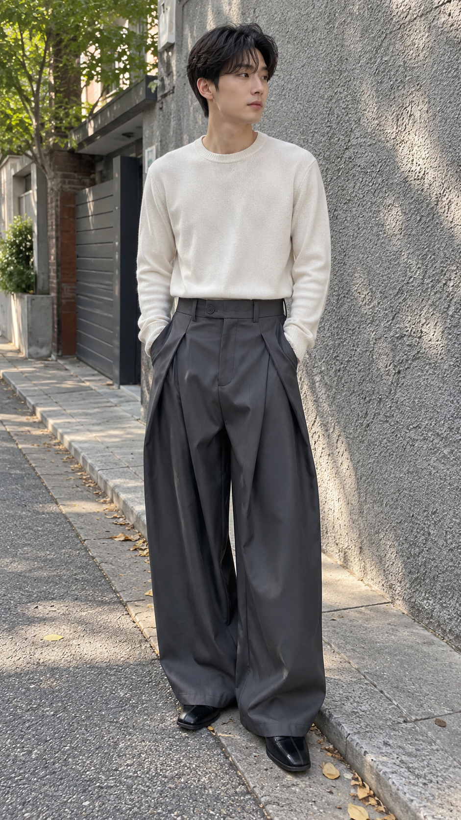 AI-styled look: Pleated Wide-Leg Draped Trousers — Neighborhood walk