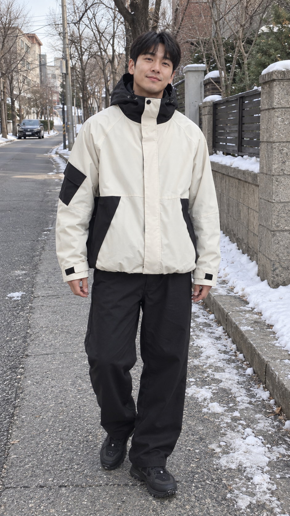 AI-generated styling image of Polar Crest Shadow Shell Jacket — Off-white · winter sidewalk.