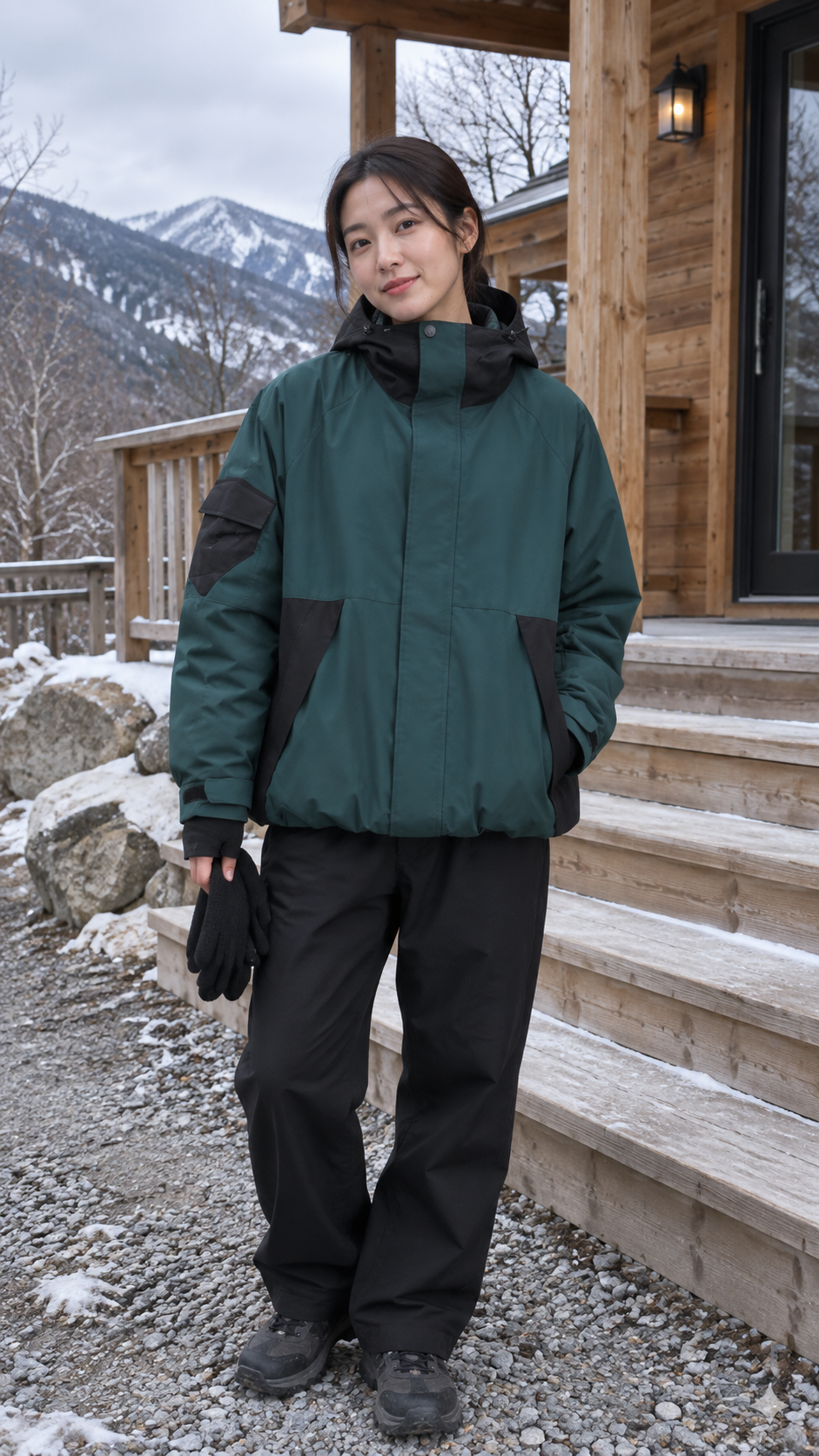 AI-generated styling image of Polar Crest Shadow Shell Jacket — Dark green · lodge steps.