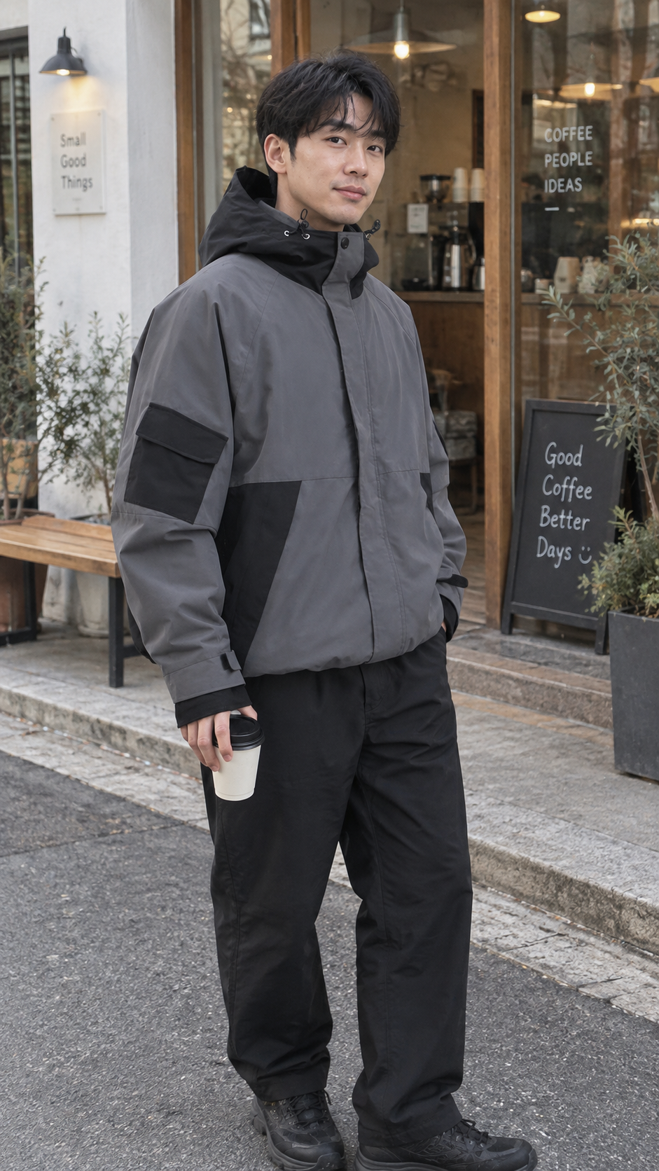AI-generated styling image of Polar Crest Shadow Shell Jacket — Dark gray · neighborhood coffee stop.