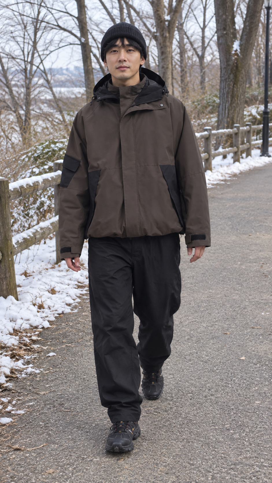 AI-generated styling image of Polar Crest Shadow Shell Jacket — Dark brown · park footpath.