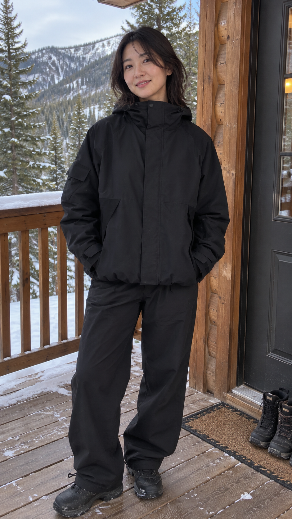 AI-generated styling image of Polar Crest Shadow Shell Jacket — Black · cabin porch.