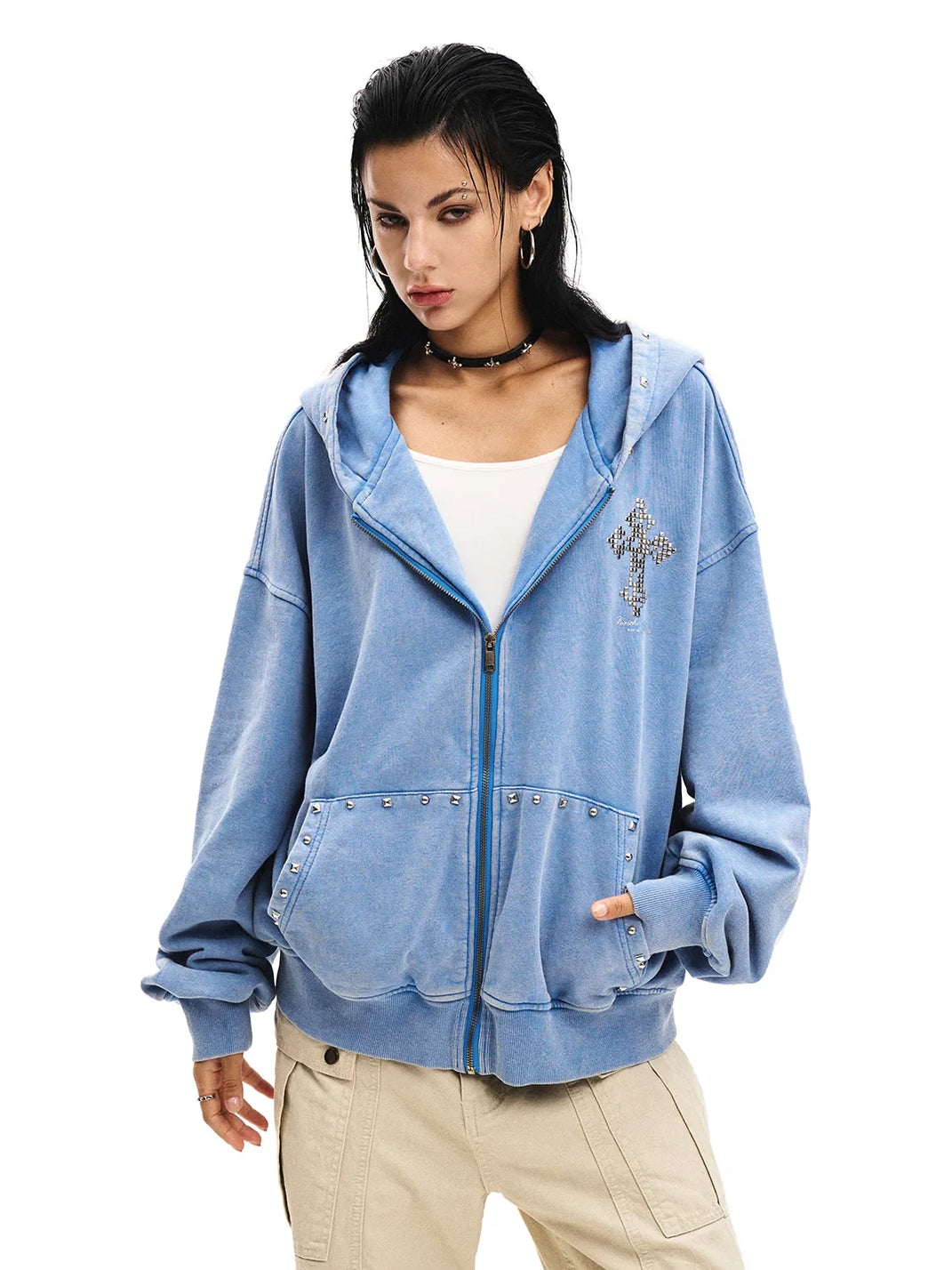 Powder Blue Cross-Stud Distressed Zip Hoodie — product view 1