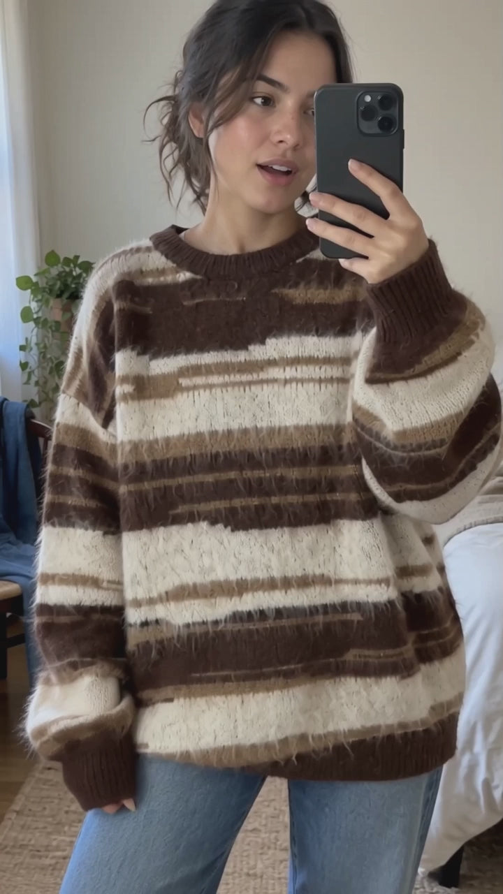 Brown Fuzzy Striped Oversized Knit Sweater - personality-led mirror try-on